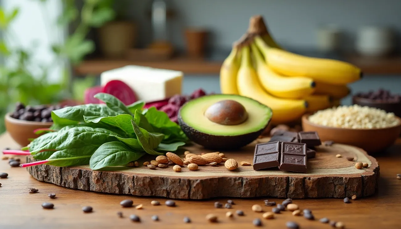 Magnesium-rich foods including spinach, avocado, almonds, dark chocolate, bananas, and tofu displayed on a wooden board.