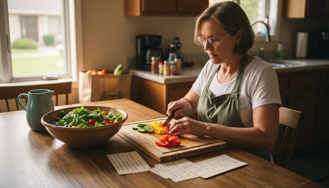 Woman prepping healthy food in sunlit kitchen