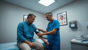 Doctor measuring blood pressure in clinic