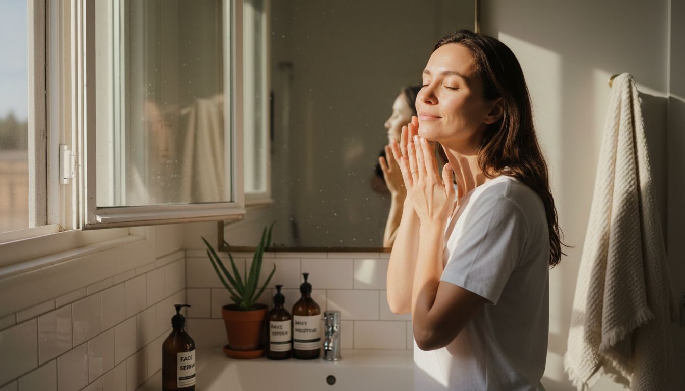 Woman applying skincare in sunlit bathroom