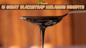Blackstrap Molasses dripping from spoon with caption benefits of