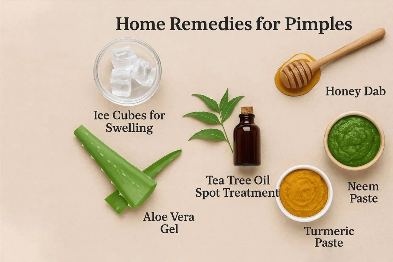 Home remedies for pimples include ice cubes, aloe vera gel, tea tree oil, honey, neem paste, and turmeric paste.